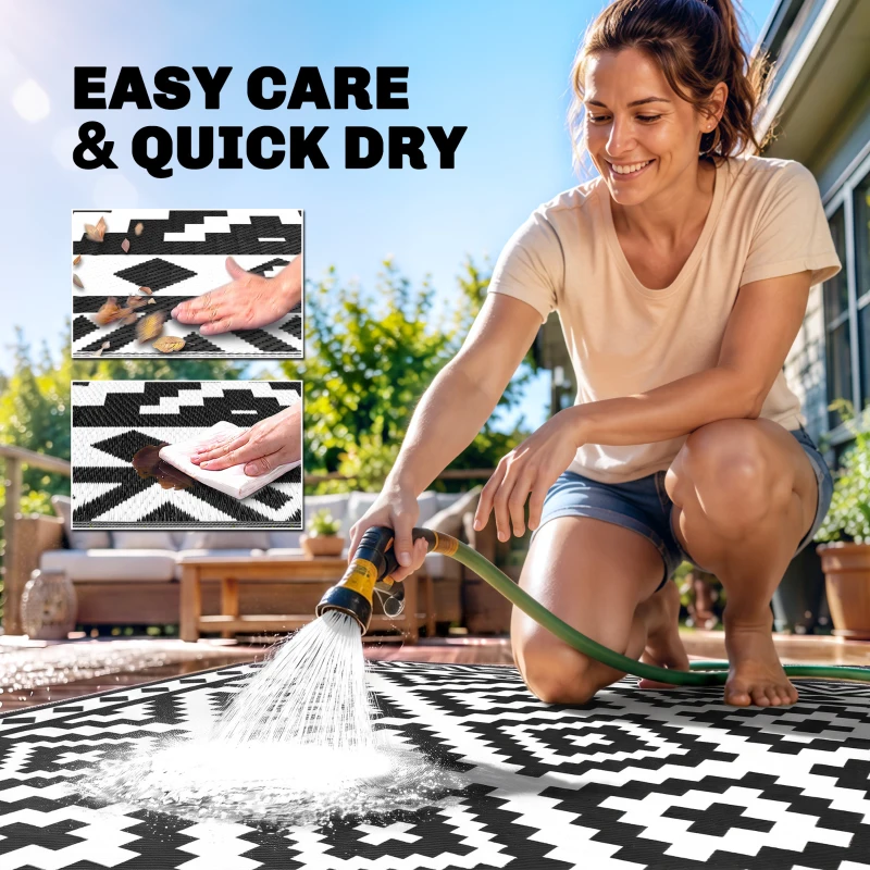 Outsunny Outdoor Rug Carpet Reversible Plastic Straw Rug with LED Lights Black and White 12' x 9' for Patio