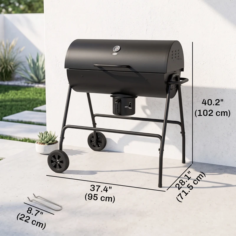 Outsunny Barrel Charcoal BBQ Smoker, Barbecue with 420 sq.in. Cooking Area, Wheels, Ash Catcher, Black