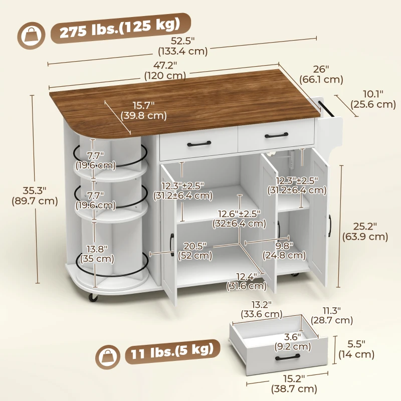 HOMCOM 53" Kitchen Island with Power Outlet and Drop Leaf, Kitchen Cart on Wheels with 360° Rotating Rack, White