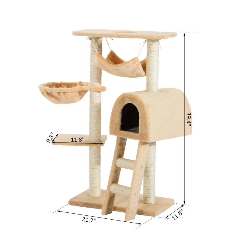 PawHut 39" Deluxe Cat Tree Tower Scratching Post Kitten Condo Activity Center Deep Cream