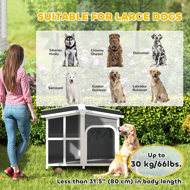 PawHut Wooden Dog House, Raised Pet Kennel with Removable Bottom, Openable Asphalt Roof, Door Curtain, Side Windows, Dark Grey