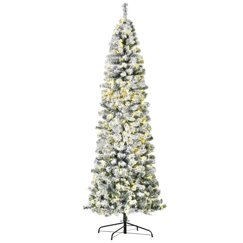 HOMCOM 7.5 Feet Christmas Tree Prelit Artificial Snow Flocked with Warm White LED Light, Holiday Home Xmas Decoration, Green White