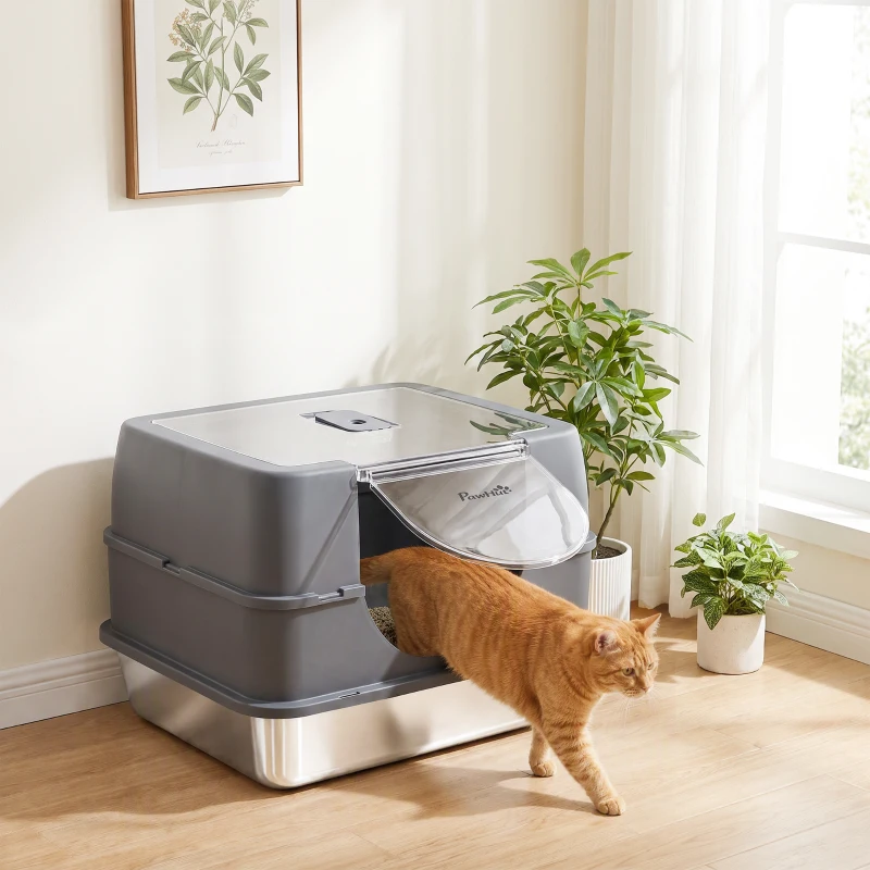 PawHut Stainless Steel Cat Litter Box with Lid, High Sided Enclosed Litter Box with Removable Lid, Tray, Scoop