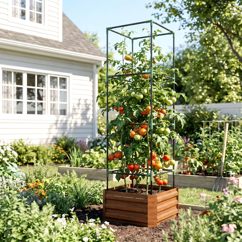 Outsunny Galvanized Planter Box, 24" x 24" x 73.5" Raised Garden Bed with Tomato Cage for Climbing Vines, Brown