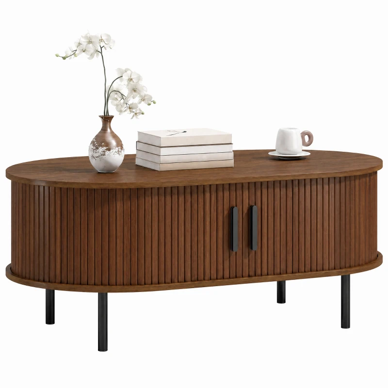HOMCOM Coffee Table with Sliding Tambour Doors and Storage Center Table with Metal Legs, 39", Brown