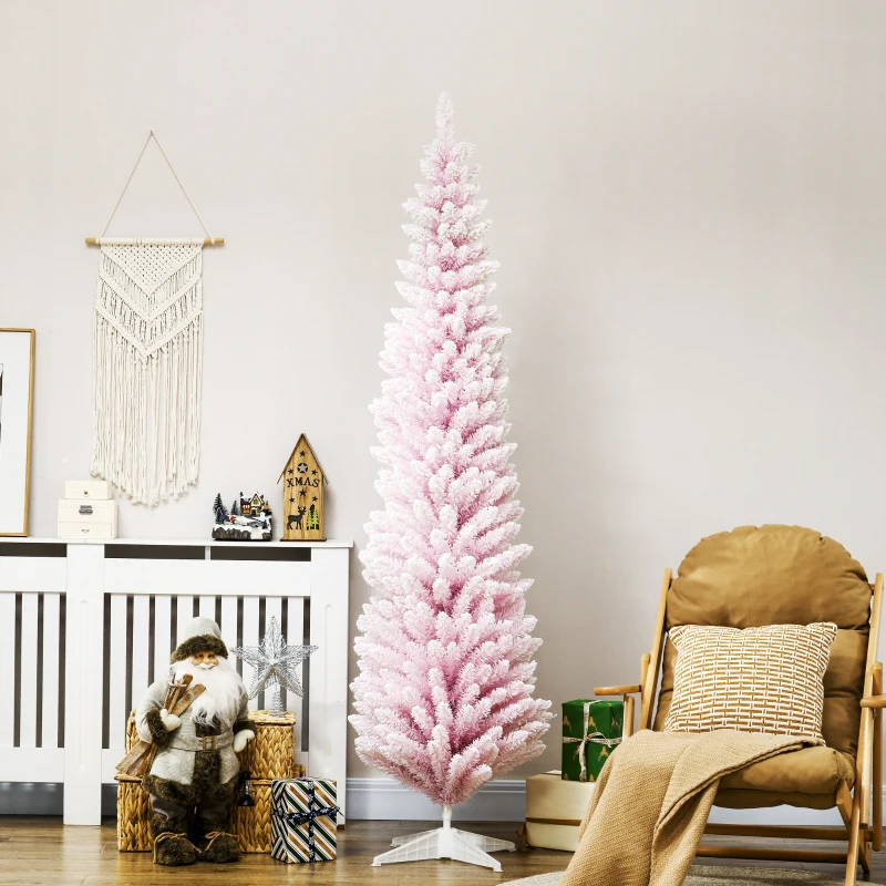 HOMCOM 7ft Flocked Christmas Tree, Pencil Artificial Christmas Tree with Realistic Branches, Pink