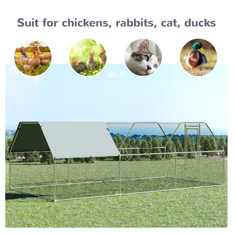 PawHut 18.7' Chicken Coop Galvanized Hen House Poultry Cage Outdoor Enclosure w/ UV-Protection Water-Resist Cover