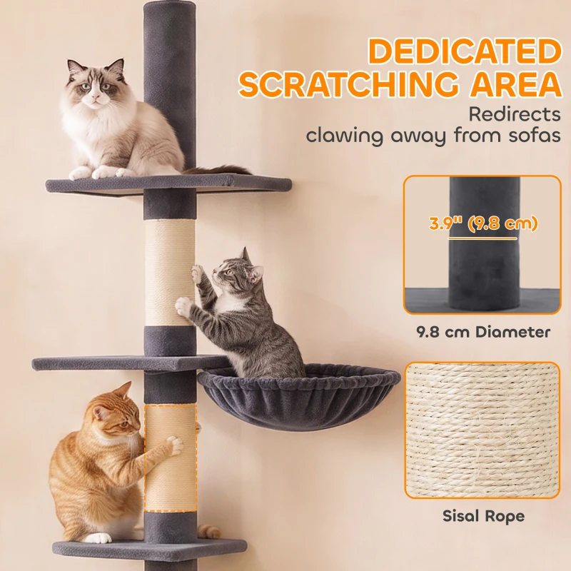 PawHut Floor-to-Ceiling Cat Tree 88.6"-100.4" Adjustable, 5-Level Cat Tower with Hammock, 3 Sisal Scratching Posts, Toy Ball