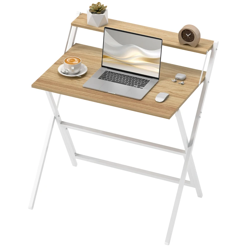 HOMCOM Folding Computer Desk, 32" Foldable Desk with Monitor Shelf for Small Space, Home Office, Easy Assembly, Natural Wood