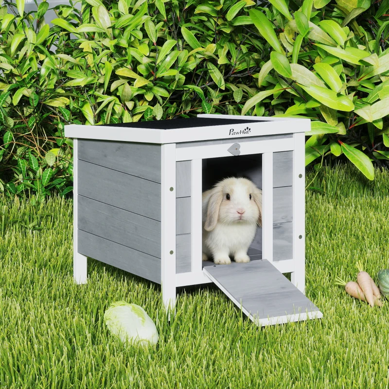 PawHut Wooden Rabbit Hutch, Bunny Cage with Waterproof & Openable Asphalt Roof, Outdoor Cat House Guinea Pig Cage Duck Shelter, Indoor Outdoor Use, 20" x 16.5" x 17", Grey