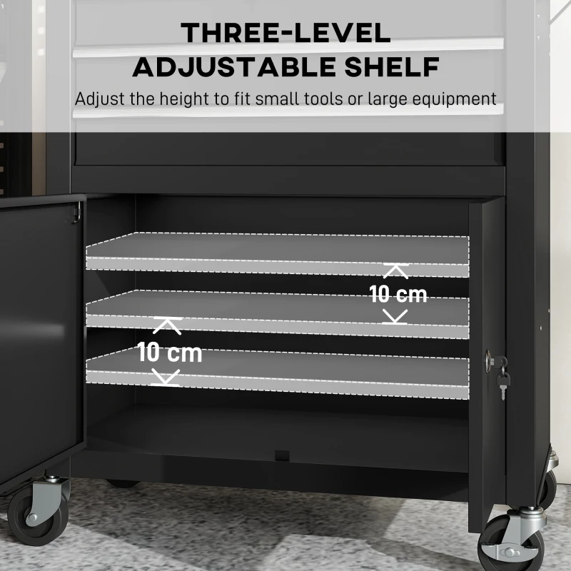 HOMCOM Rolling Tool Cabinet with Pegboard, Lockable Tool Chest, Mobile Tool Storage Organizer for Garage and Workshop, Black