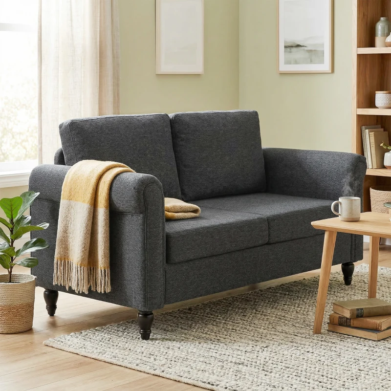 HOMCOM Vintage Loveseat, Upholstered Love Seat Furniture, Chenille-feel Fabric 2 Seater Sofa Couch with Rolled Arms, Gourd-Shaped Rubber Wood Legs for Living Room, Dark Grey
