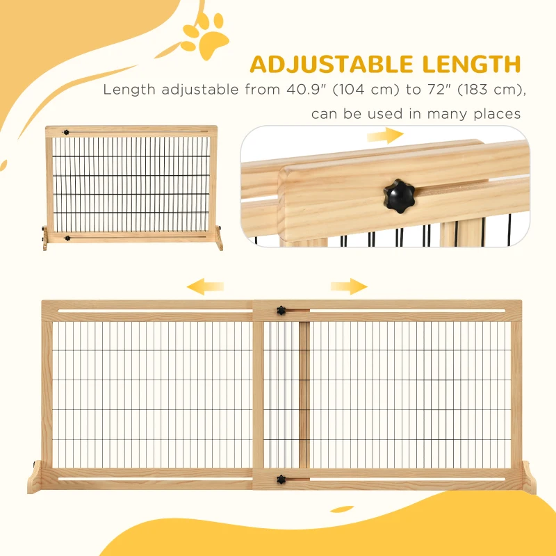PawHut 41"-71" Wooden Freestanding Pet Gate with Support Feet, for Small Medium Dogs, Natural