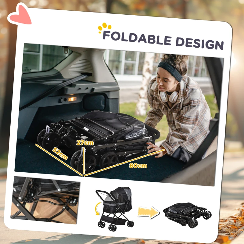 PawHut Foldable Cat Dog Travel Carriage, 4 Wheels Pet Stroller with EVA Wheel Brake, 3-stage Canopy, Mesh Window Door, Black