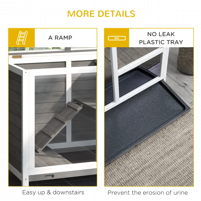 PawHut Indoor Rabbit Hutch with Wheels, Bunny Cage Guinea Pig House W/ Top Access, Ramp, Pull Out Tray, Grey