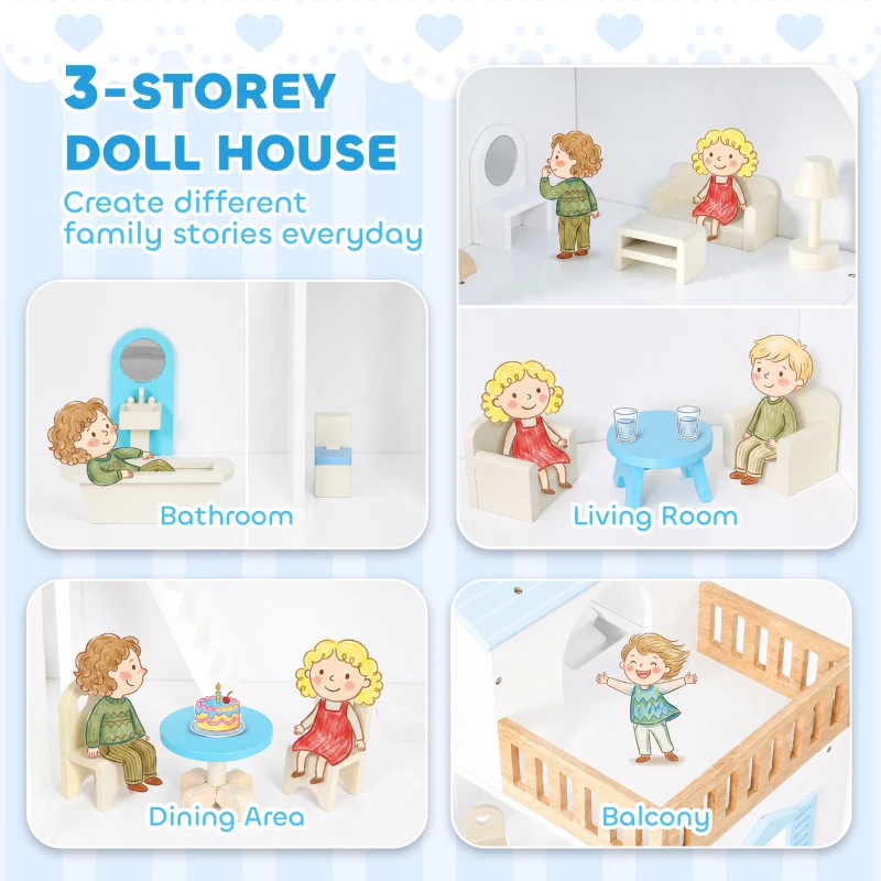 Qaba Wooden Doll House with Elevator, 5 Rooms and 13 Furniture Accessories, Pretend Play Toy Gift for Kids Ages 3-6, Blue