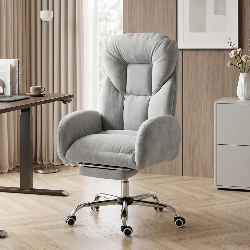 HOMCOM Cross Legged Office Chair with Footrest, 90°-180° Flip Armrests, Task Desk Chair, Light Grey