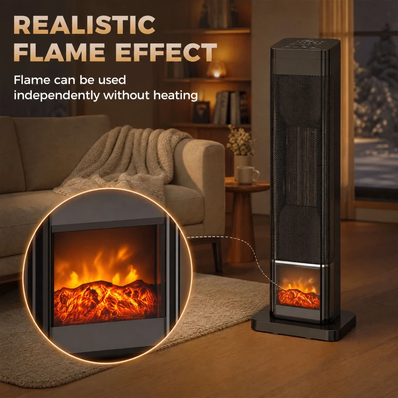 HOMCOM Space Heater with Realistic Flame Effect, 1500W Ceramic Electric Heater with Adjustable Thermostat, Oscillation, Timer