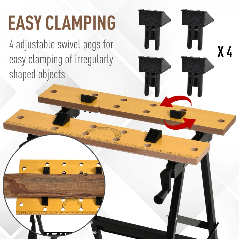 DURHAND Foldable Work Bench w/ 4 Adjustable Clamps, Carpenter Saw Table, MDF Surface, Steel Frame, Portable Work Bench 100kg/220lbs Capacity, Black