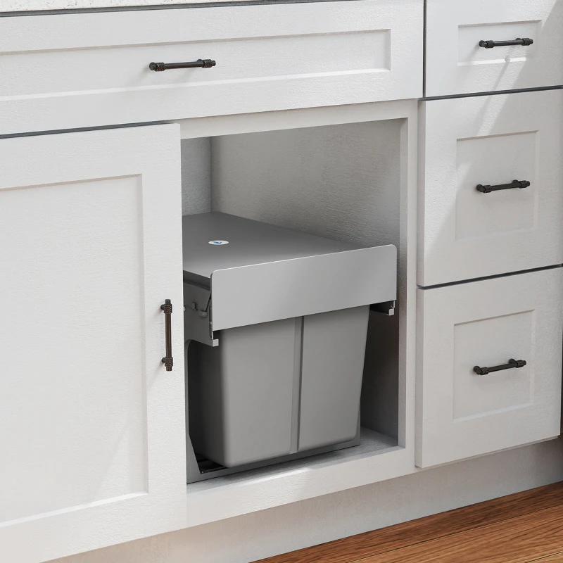 HOMCOM Pull Out Bin, Under Sink Garbage Can with 2 Removable Compartments (4 gallon Each) for Kitchen Waste, Light Grey