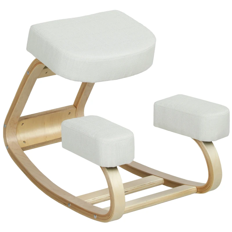 HOMCOM Ergonomic Kneeling Chair, Wood Kneel Stool with Thick Pads, Desk Knee Chair, Improve Posture, Cream White