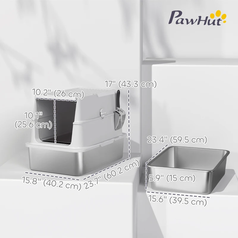 PawHut XL Stainless Steel Cat Litter Box for Big Cats with Flip Top, Scoop, Easy Clean & No Odors, Non-Sticky