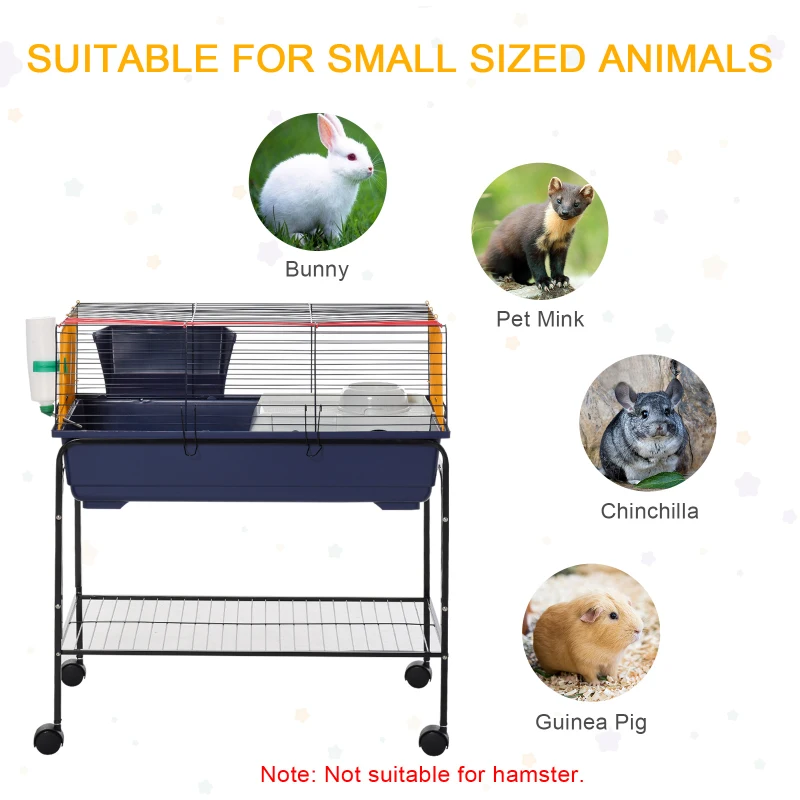 PawHut Small Animal Cage, 35.7" Rolling Guinea Pig Cage with Detachable Stand, Water Dispenser, Food Dish, Ramp, Wheels, for Rabbit, Bunny, Ferret, Chinchilla, Blue, Black, Yellow