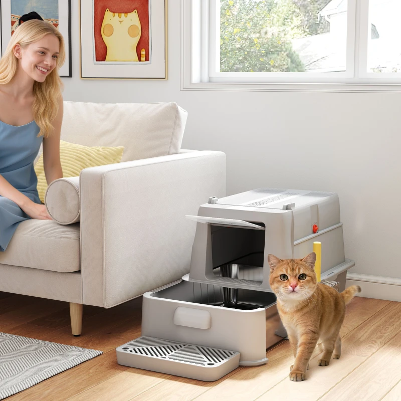 PawHut 80L XL Stainless Steel Cat Litter Box for Big Cats with Flip Cover, Pull-Out Drawer Tray, High Sided, Pedal, Light Grey