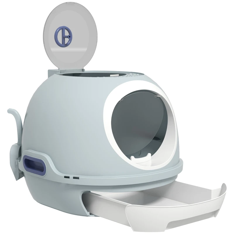 PawHut Cat Litter Box Toilet with Lid, Covered Litter Box with Scoop, Enclosed Drawer and Skylight, Blue