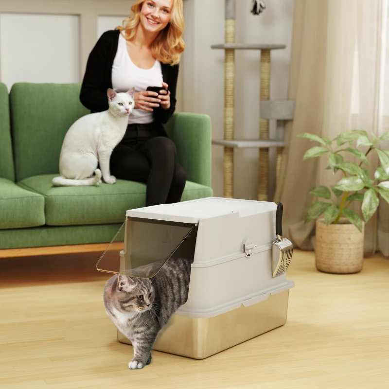 PawHut XL Stainless Steel Cat Litter Box for Big Cats with Flip Top, Scoop, Easy Clean & No Odors, Non-Sticky