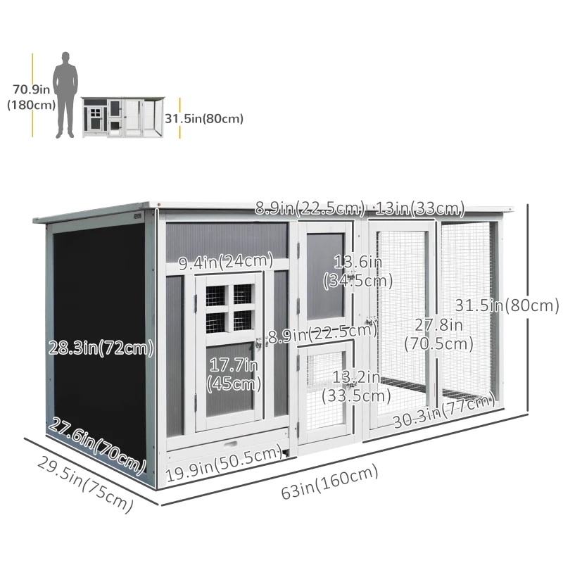 PawHut 63" Chicken Coop Wooden Hen House Rabbit Hutch Poultry Cage Pen Outdoor Backyard with Nesting Box and Run Small Animal Cage PC Roof Grey