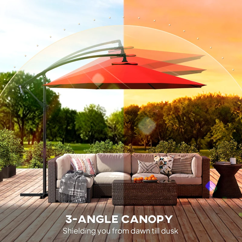 Outsunny 9.7ft Offset Patio UmbrellaCantilever Parasol with Crank Handle, 8 Ribs and Cross Base for Outdoor, Sun Shade, Wine Red