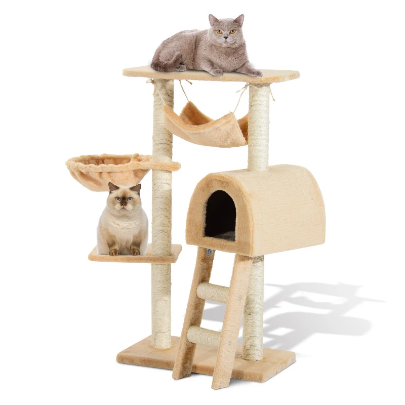 PawHut 39" Deluxe Cat Tree Tower Scratching Post Kitten Condo Activity Center Deep Cream