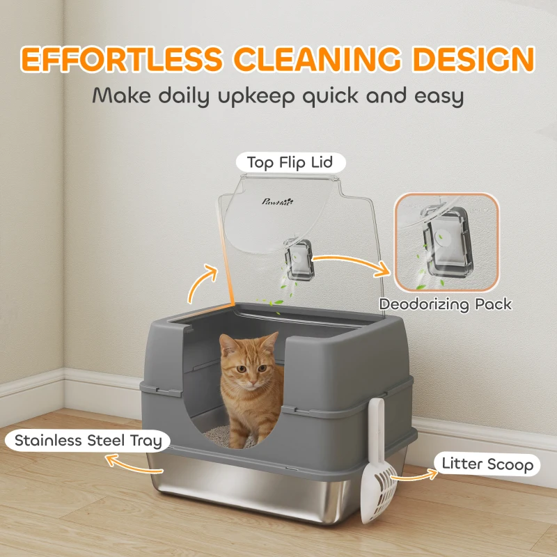 PawHut Stainless Steel Cat Litter Box with Lid, High Sided Enclosed Litter Box with Removable Lid, Tray, Scoop