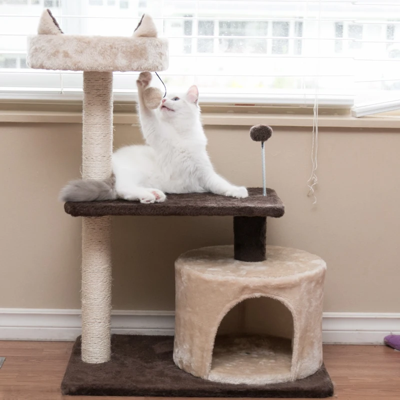 PawHut 81cm/32" Multi-level Cat Tree Scratcher Kitty Activity Center,Condo, Perch, Jumping Platforms,Toys Brown and Beige