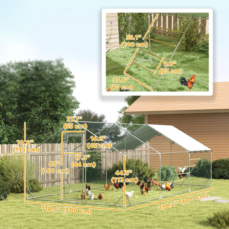PawHut Large Metal Chicken Run with Waterproof & UV-Resistant Cover, Feeding Door, Hanging Feeder, Perch for 18-24 Chickens