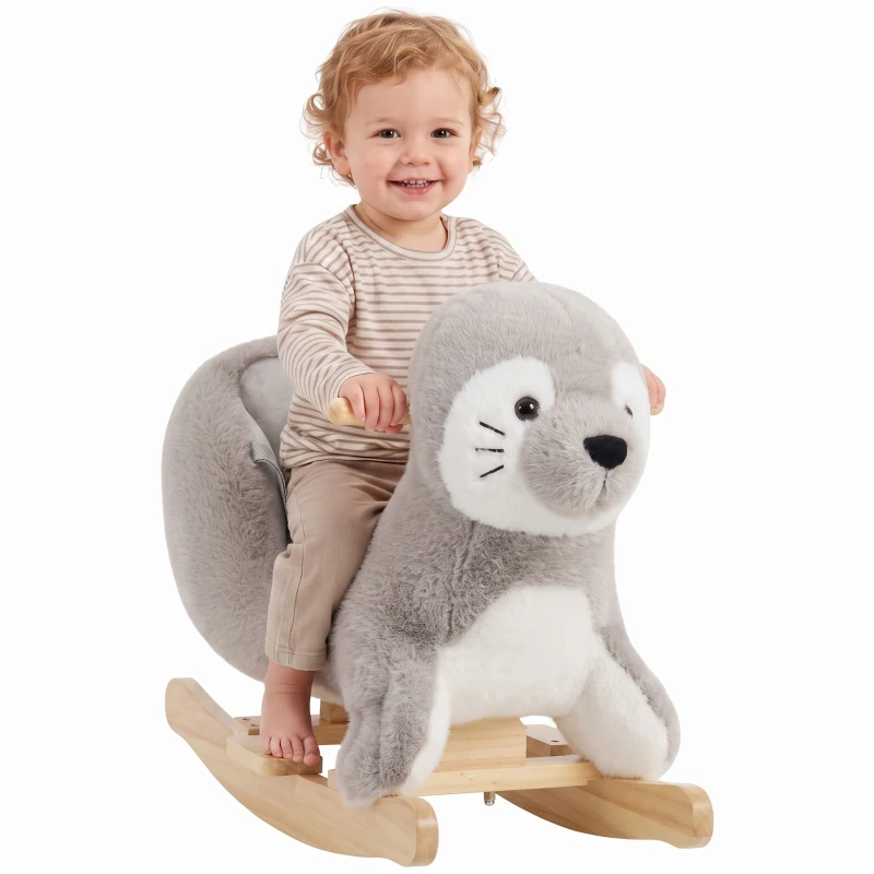 Qaba Baby Rocking Horse, Plush Seal Ride-On Toy for Toddlers 12-36 Months, Kids Animal Rocker with Sounds, Grey