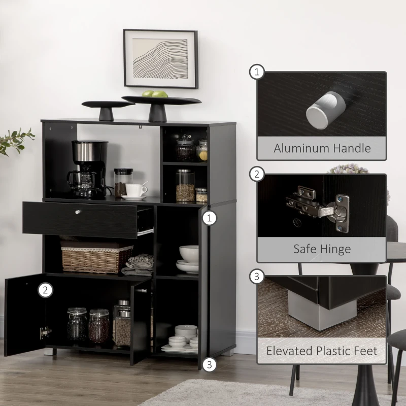 HOMCOM Compact Kitchen Pantry Buffet Server Hutch Storage Cabinet  with Microwave Oven Stand Drawer and Shelves, Black