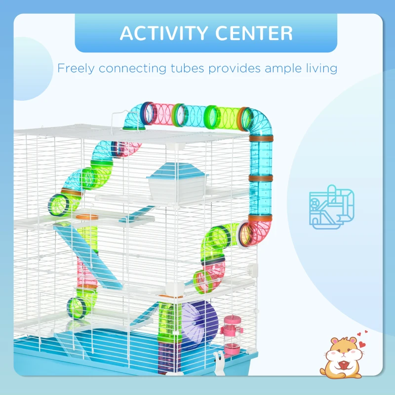 PawHut 23" Large Hamster Cage, Small Animal House, 5-Level Gerbil Haven, Tunnel Tube System, with Water Bottle, Exercise Wheel, Food Dish, Ramps, 2 Doors, Light Blue