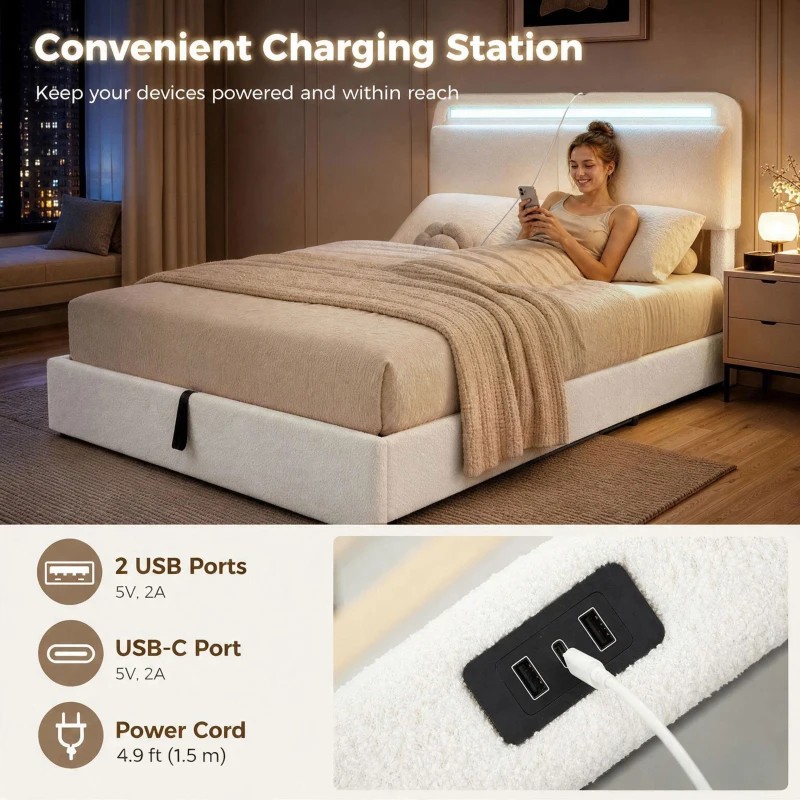 HOMCOM Queen Size Bed Frame with Charging Station, LED Lights, Adjustable Headboard, Upholstered Platform Bed Frame White