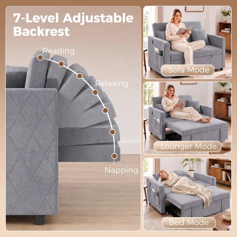 HOMCOM 52" Sofa Bed, Holland Velvet Loveseat Pull Out Sleeper Sofa with USB Ports, Adjustable Backrest, Side Pockets, Dark Grey