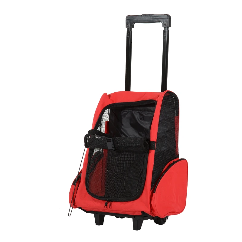 PawHut 2-IN-1 Pet Luggage Box Backpack Carrier Cats Dogs w/ Handle, Rolling Wheel Red