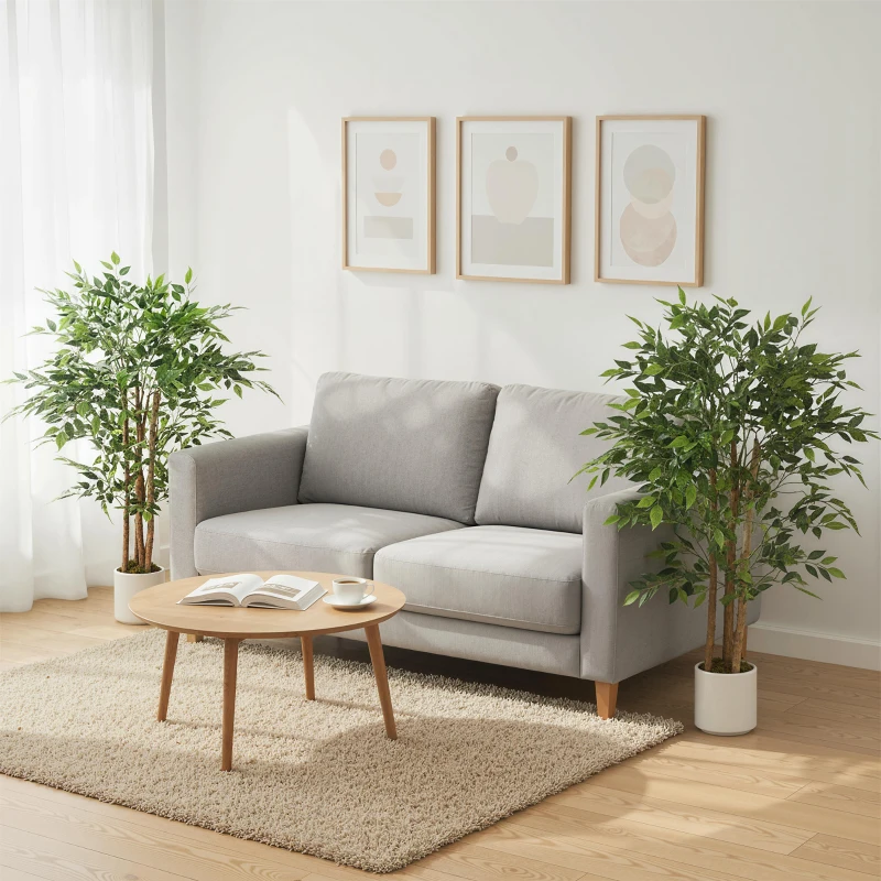 HOMCOM 4FT Artificial Banyan Tree Set of 2, Fake Potted Tree with Solid Wood Trunk and Pot for Indoor