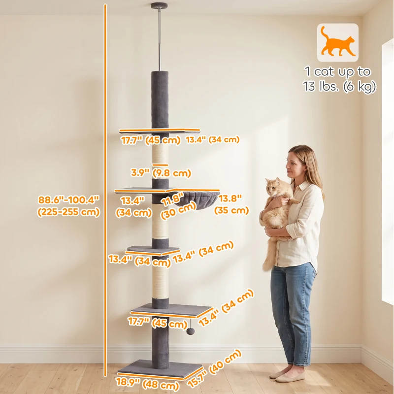 PawHut Floor-to-Ceiling Cat Tree 88.6"-100.4" Adjustable, 5-Level Cat Tower with Hammock, 3 Sisal Scratching Posts, Toy Ball