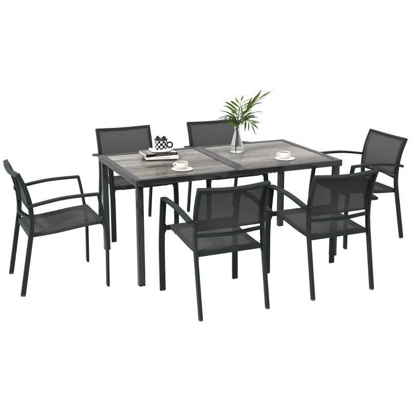 Outsunny 7 Pieces Outdoor Dining Set with 6 Stackable Chairs, Patio Table and Chairs with Plastic Top, Breathable Mesh Seat Back
