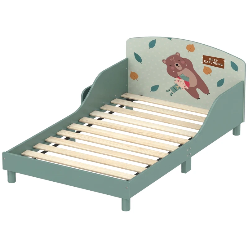 Qaba Toddler Bed with Bedside Storage, Guard Rails, Montessori Bed for Ages 3-8, Fits 132x70x10cm Mattress, Green Bear Print