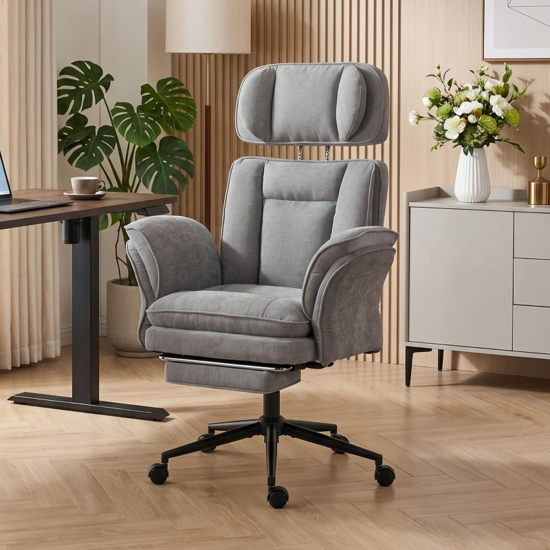 HOMCOM Criss Cross Office Chair with Flip Armrests, Adjustable Headrest, Swivel Tilt Reclining Desk Chair with Wheels, Gray