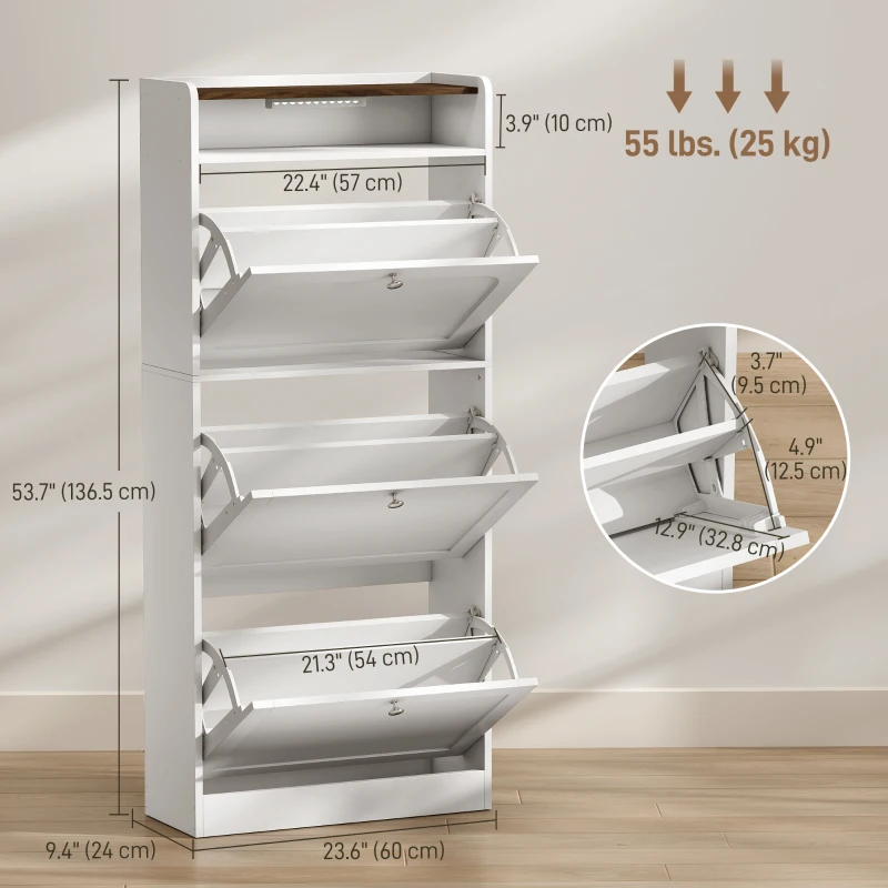 HOMCOM Shoe Cabinet with 3 Flip Drawers Slim Shoe Storage Cabinet with Sensor Light Top Shelf Home Hall White