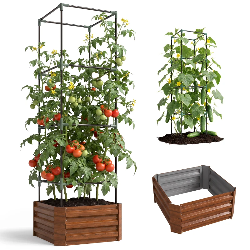 Outsunny Galvanized Planter Box, 24" x 24" x 73.5" Raised Garden Bed with Tomato Cage for Climbing Vines, Brown