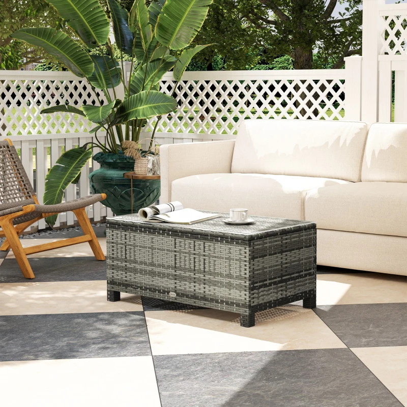Outsunny Rattan Wicker Coffee Table with Glass Top Outdoor Garden Patio Furniture Brown Tempered
